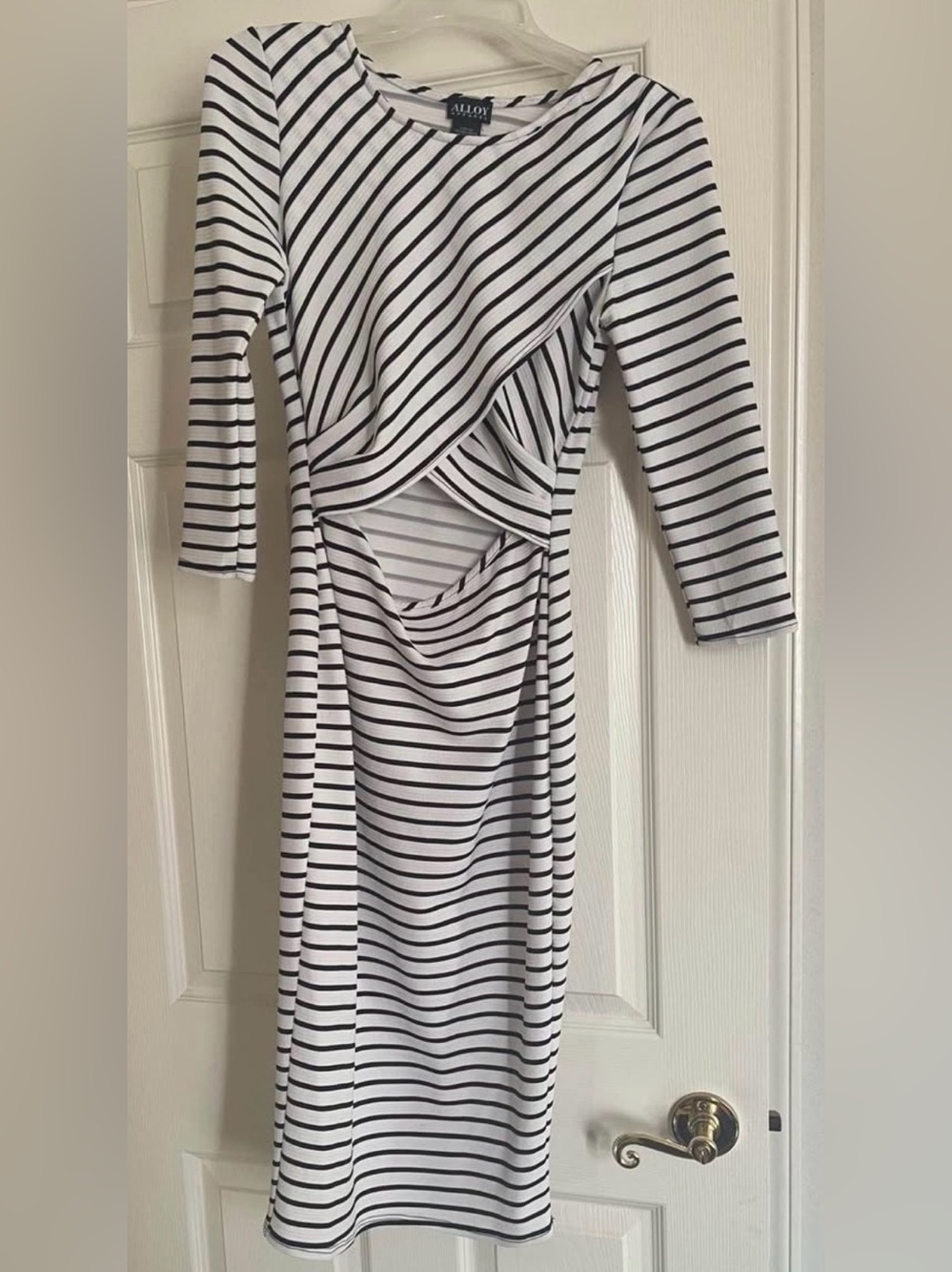 ALLOY White and Black Striped Long-Sleeve Draped Wrap Dress
